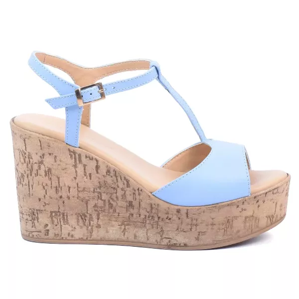 SANDALES COMPENSÉES CUIR BLEU CIEL BRIDE EN T FEMME