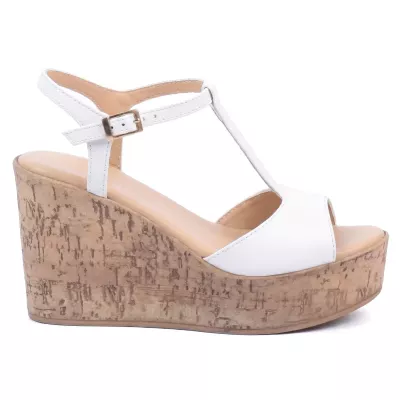 Sandales compensées cuir blanc bride en T semelle liège talon 10 cm – Andrea Bruni AB-518-7-BC