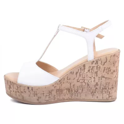 Sandales compensées cuir blanc bride en T semelle liège talon 10 cm – Andrea Bruni AB-518-7-BC