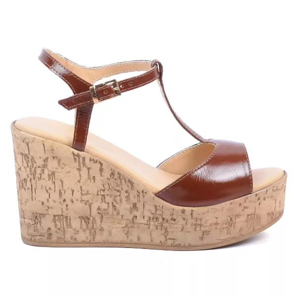 SANDALES COMPENSÉES CUIR MARRON BRIDE EN T FEMME