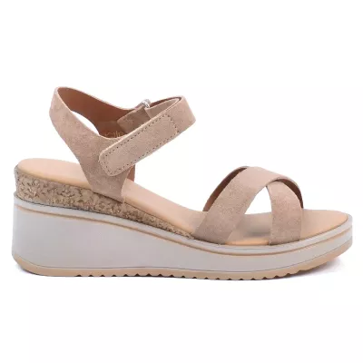 Sandales compensées daim tabac brides croisées fermeture velcro plateau 3 cm talon 7 cm – Andrea Bruni AB-616-10-DTC