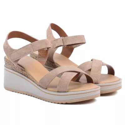 Sandales compensées daim tabac brides croisées fermeture velcro plateau 3 cm talon 7 cm – Andrea Bruni AB-616-10-DTC