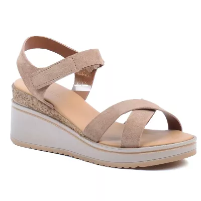 Sandales compensées daim tabac brides croisées fermeture velcro plateau 3 cm talon 7 cm – Andrea Bruni AB-616-10-DTC