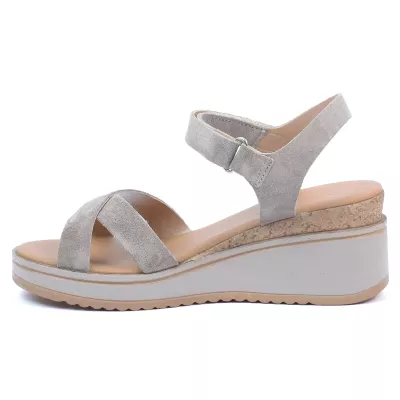 Sandales compensées daim taupe brides croisées fermeture velcro plateau 3 cm talon 7 cm – Andrea Bruni AB-616-10-DTP