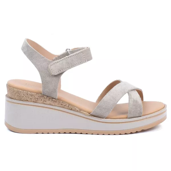 SANDALES COMPENSÉES DAIM TAUPE BRIDES CROISÉES FEMME