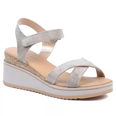 Sandales compensées daim taupe brides croisées fermeture velcro plateau 3 cm talon 7 cm – Andrea Bruni AB-616-10-DTP