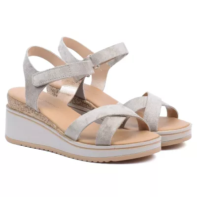 Sandales compensées daim taupe brides croisées fermeture velcro plateau 3 cm talon 7 cm – Andrea Bruni AB-616-10-DTP