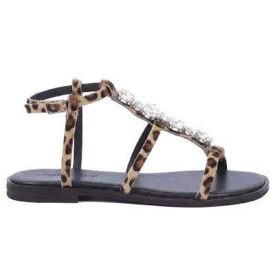 Sandales plates cuir imprimé léopard brides multiples strass cristal boucle argentée – Andrea Bruni AB-206-10-LEOP