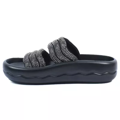 Mules plateforme noir double bride strass argentés semelle vague – Opied OP-2700-17-N-AR