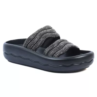 Mules plateforme noir double bride strass argentés semelle vague – Opied OP-2700-17-N-AR