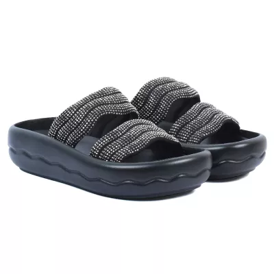 Mules plateforme noir double bride strass argentés semelle vague – Opied OP-2700-17-N-AR