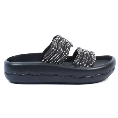 Mules plateforme noir double bride strass argentés semelle vague – Opied OP-2700-17-N-AR