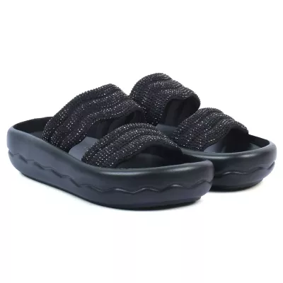 Mules plateforme noir double bride strass noirs semelle vague – Opied OP-2700-17-N-N