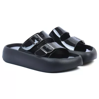 Mules plateforme verni noir double bride boucles argentées semelle arrondie – Opied OP-80032-5-N