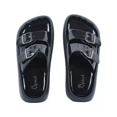 Mules plateforme verni noir double bride boucles argentées semelle arrondie – Opied OP-80032-5-N