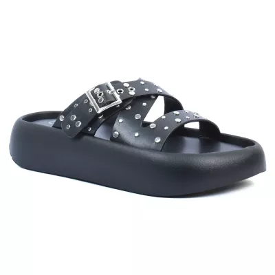 Mules plateforme noir brides croisées clous œillets argentés boucle carrée – Opied OP-80032-9-N