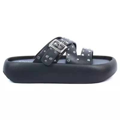 Mules plateforme noir brides croisées clous œillets argentés boucle carrée – Opied OP-80032-9-N