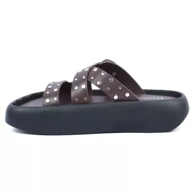 Mules plateforme marron brides croisées clous œillets argentés boucle carrée – Opied OP-80032-9-M