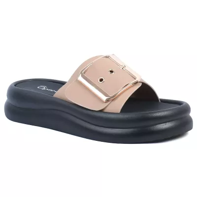 Mules plateforme kaki bride unique grande boucle dorée rose semelle noire – Opied OP-1690-4-K