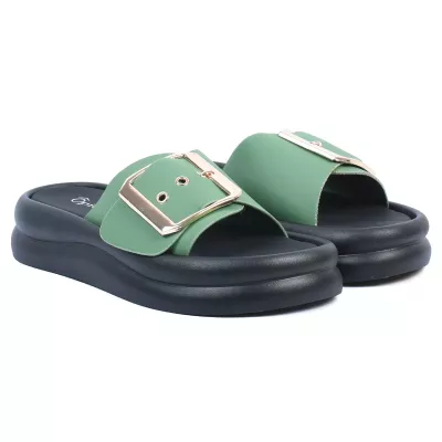 Mules plateforme vert bride unique grande boucle dorée rose semelle noire – Opied OP-1690-4-VT