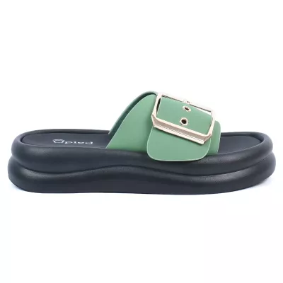 Mules plateforme vert bride unique grande boucle dorée rose semelle noire – Opied OP-1690-4-VT