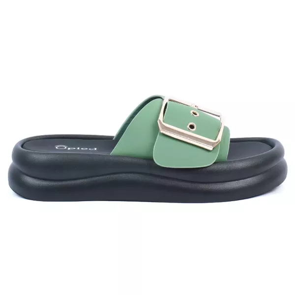 MULES PLATEFORME VERT GRANDE BOUCLE DORÉE FEMME