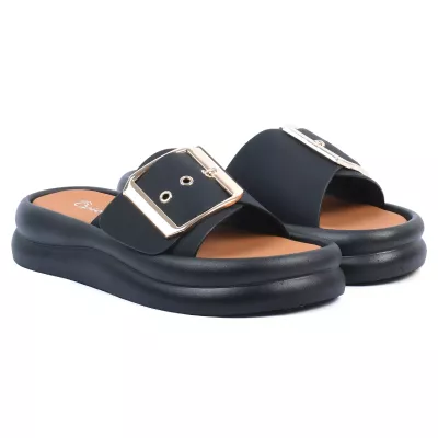 Mules plateforme noir bride unique grande boucle dorée rose semelle confort – Opied OP-1690-4-N