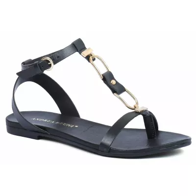 Sandales plates cuir noir bride en T ornement chaîne dorée boucle ronde – Andrea Bruni AB-M601-2-N
