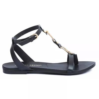 Sandales plates cuir noir bride en T ornement chaîne dorée boucle ronde – Andrea Bruni AB-M601-2-N