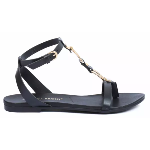 SANDALES PLATES CUIR NOIR CHAÎNE DORÉE FEMME