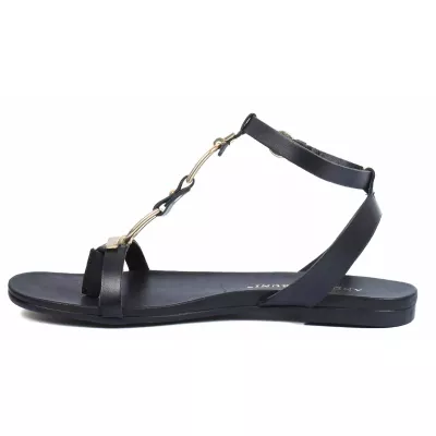 Sandales plates cuir noir bride en T ornement chaîne dorée boucle ronde – Andrea Bruni AB-M601-2-N