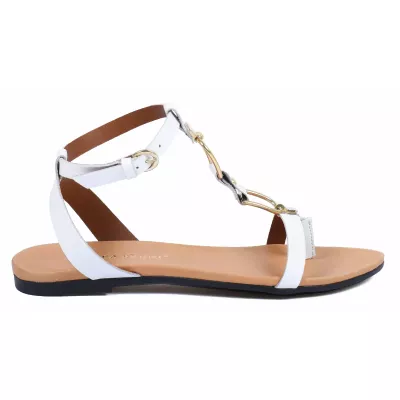 Sandales plates cuir blanc bride en T ornement chaîne dorée boucle ronde – Andrea Bruni AB-M601-2-BC