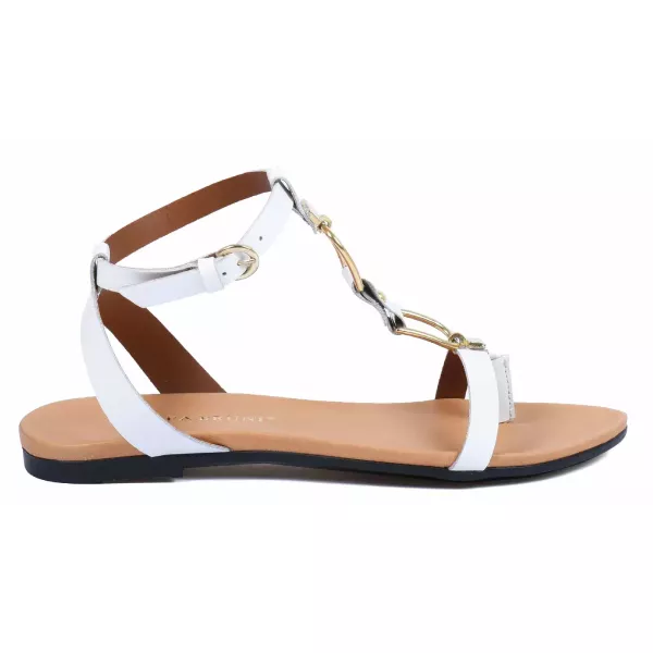 SANDALES PLATES CUIR BLANC CHAÎNE DORÉE FEMME