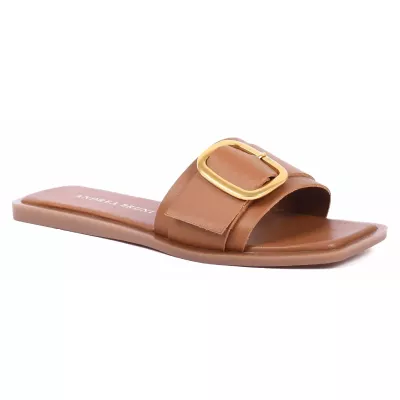 Mules plates cuir camel bride large grande boucle dorée arrondie – Andrea Bruni AB-8769-2-C