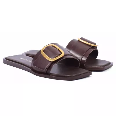 Mules plates cuir marron bride large grande boucle dorée arrondie – Andrea Bruni AB-8769-2-M