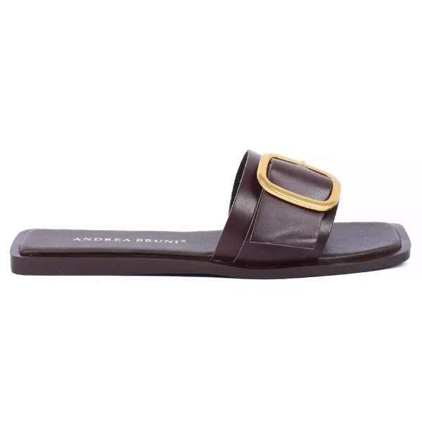 MULES PLATES CUIR MARRON GRANDE BOUCLE DORÉE FEMME