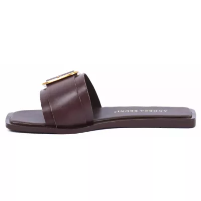 Mules plates cuir marron bride large grande boucle dorée arrondie – Andrea Bruni AB-8769-2-M