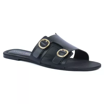 Mules plates cuir noir double bride boucles rondes dorées – Andrea Bruni AB-666-9-N