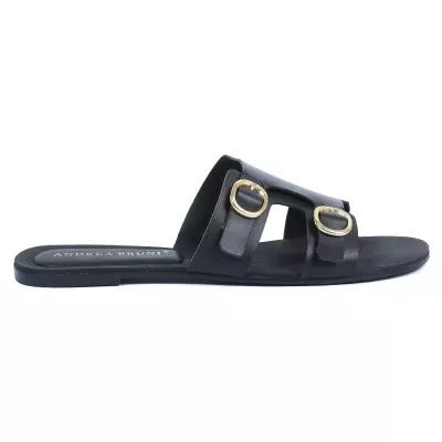 Mules plates cuir noir double bride boucles rondes dorées – Andrea Bruni AB-666-9-N