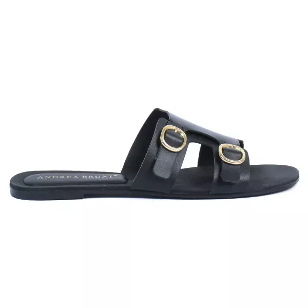 MULES PLATES CUIR NOIR DOUBLE BOUCLE DORÉE FEMME