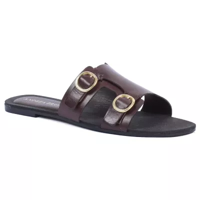 Mules plates cuir marron double bride boucles rondes dorées – Andrea Bruni AB-666-9-M