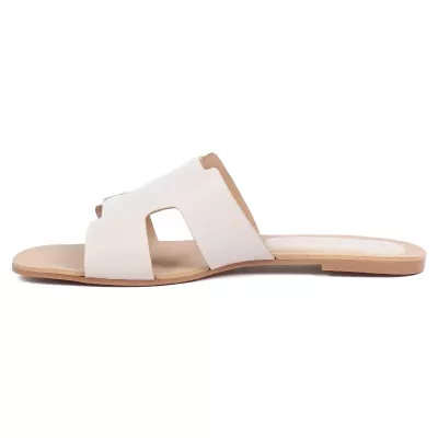 Mules plates cuir beige double bride boucles rondes dorées – Andrea Bruni AB-666-9-BG