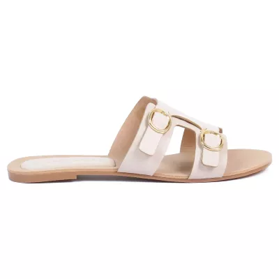 Mules plates cuir beige double bride boucles rondes dorées – Andrea Bruni AB-666-9-BG