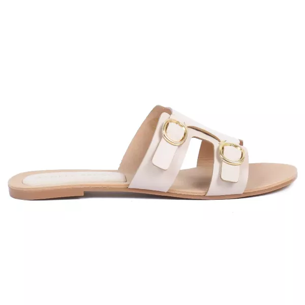 MULES PLATES CUIR BEIGE DOUBLE BOUCLE DORÉE FEMME