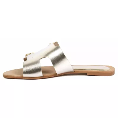 Mules plates cuir métallisé doré double bride boucles rondes dorées – Andrea Bruni AB-666-9-DO