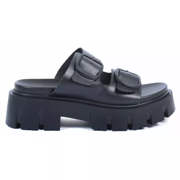 MULE FEMME CUIR NOIR PLATEFORME DOUBLE BOUCLE