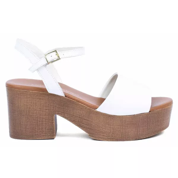 SANDALES CUIR BLANC TALON BOIS FEMME