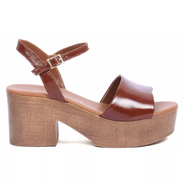 SANDALES TALON BOIS CUIR MARRON FEMME