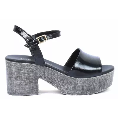 Sandale compensée femme noir Andrea Bruni cuir verni à bride cheville AB-109-1-NAPN