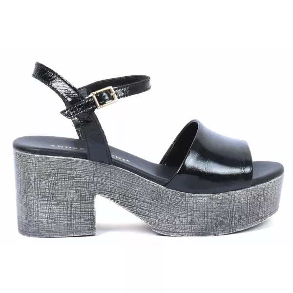SANDALES TALON BOIS CUIR VERNI NOIR FEMME